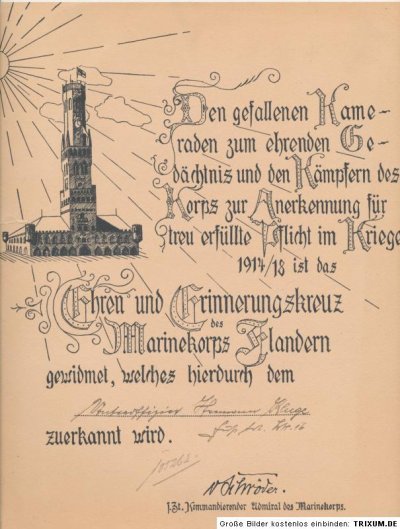 Bayern #3 Urkunde Uffz. Hermann Kluge Flandernkreuz Erinn. Marine Korps Flandern.jpg