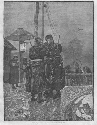 Russian & German Frontier Guards Exchanging Fire - Antique Print 1888.jpg